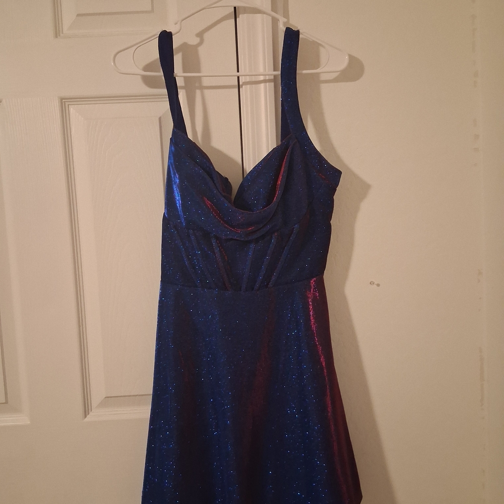 B. Smart Navy Blue Dress with Cowl Neck